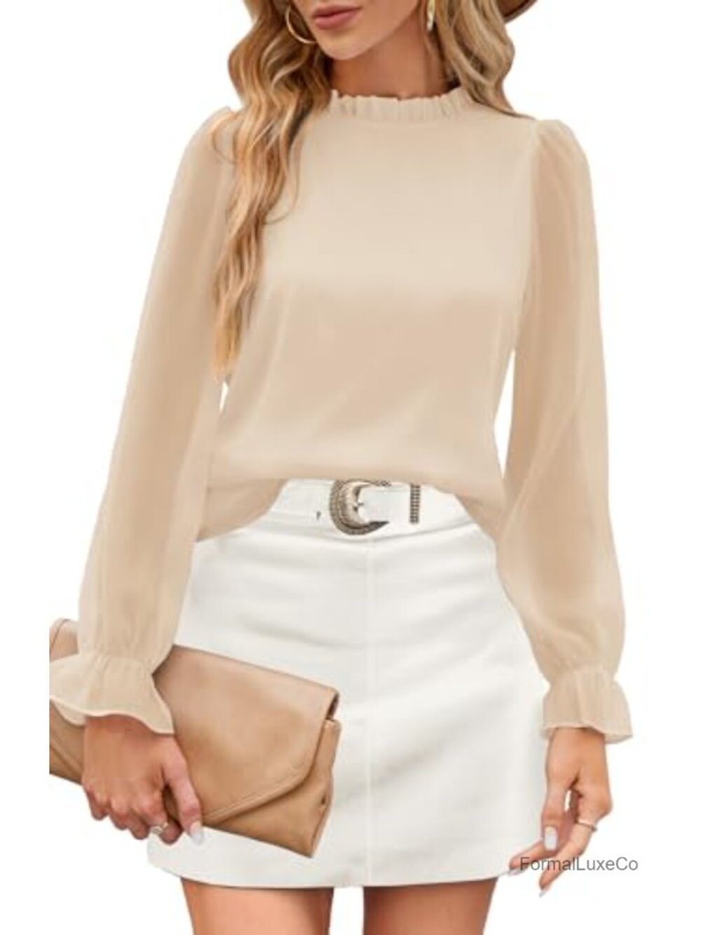 Chiffon Mock Neck Blouse Long Sleeve Women's Dressy Work Top